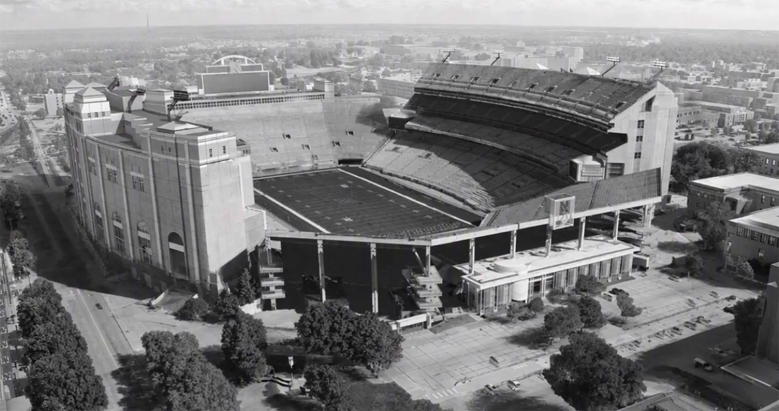 Memorial Stadium today, aerial view of the southwest corner